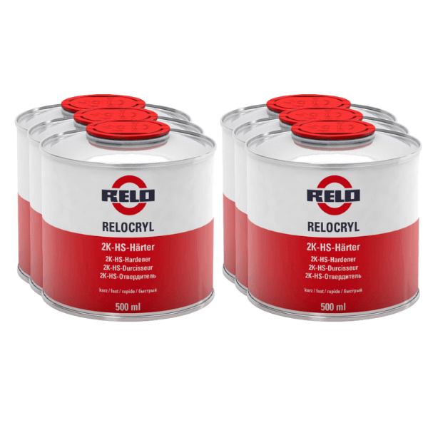 Relo HS Fast Hardener 500ml cans arranged in packs, designed for rapid curing in automotive refinishing.