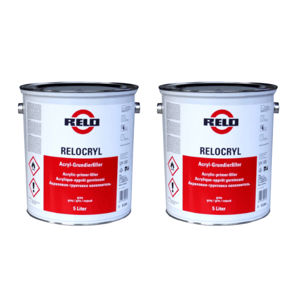 Relocryl Acrylic Primer Filler in two 5-liter cans for flawless paint finishes and smooth surface preparation.