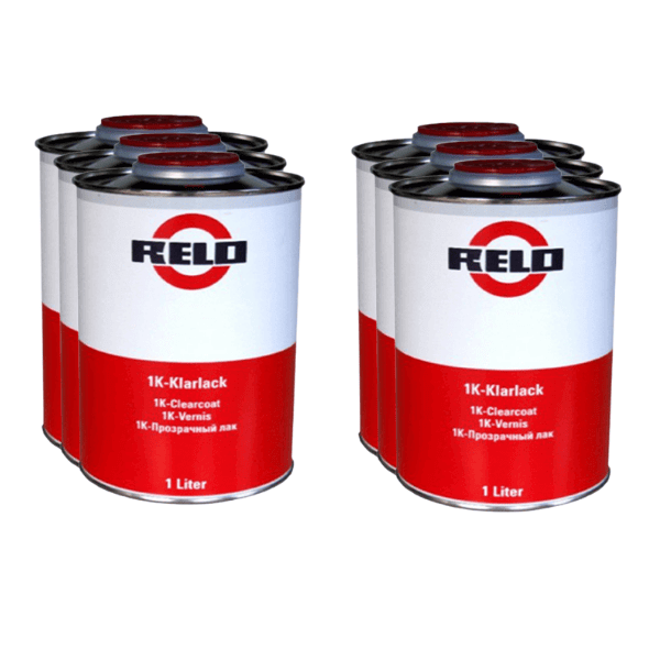 Relo 1K Clear Lacquer 1lt cans stacked for automotive refinishing projects.