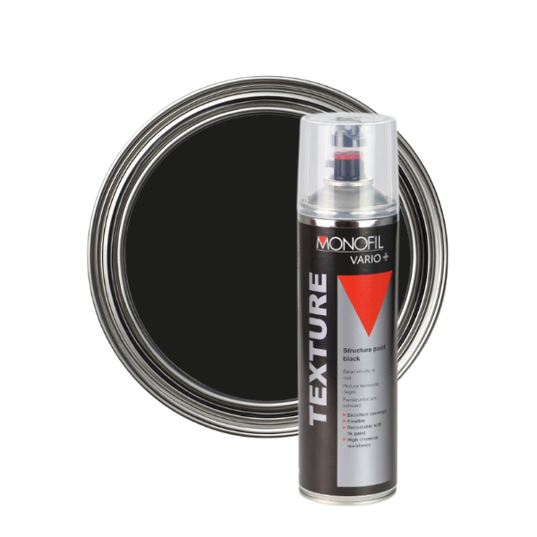 Black paint can and spray can with Monofil branding on a white background