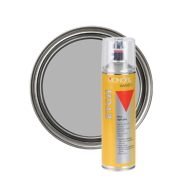 Spray can labeled 'Moncal Vario Etch' next to a gray paint can on a white background