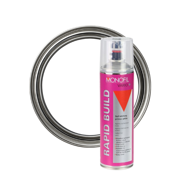 Can of Rapid Build spray paint with a coil of wire on a white background