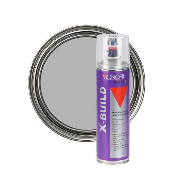 Monofil X-Build spray can next to a paint tray on a white background