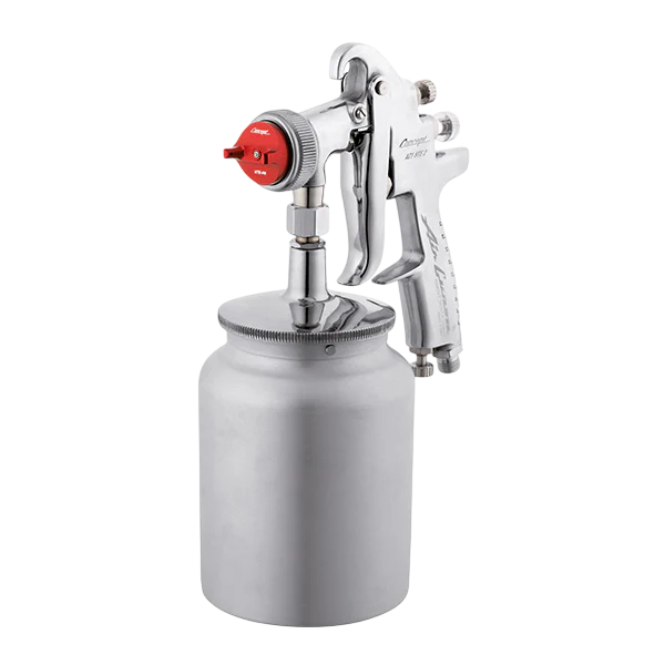 Spray gun with a silver canister on a white background
