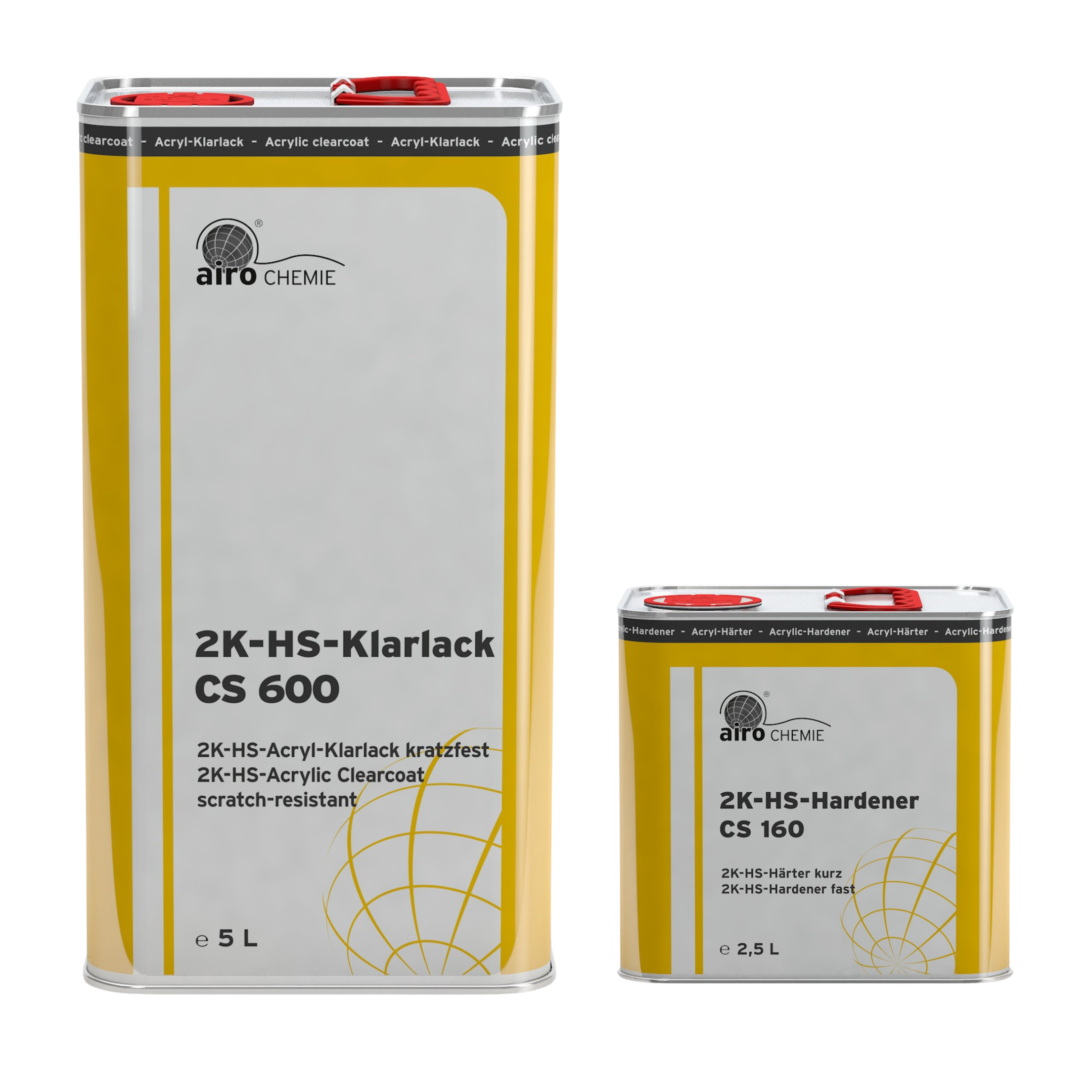 Two containers of airo CHEMIE 2K-HS-Klarlack CS 600 and 2K-HS-Hardener CS 160 on a white background.