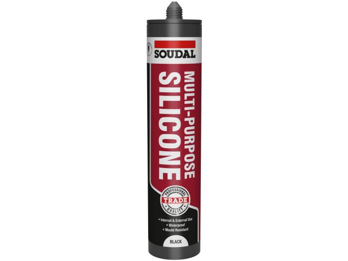 Soudal Trade Multi-Purpose Silicone Sealant (270ml) in black tube, ideal for waterproof and mould-resistant sealing.