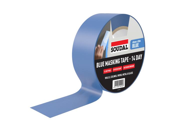 Soudal 14 Day Blue Masking Tape on a white background showing its UV resistant backing.