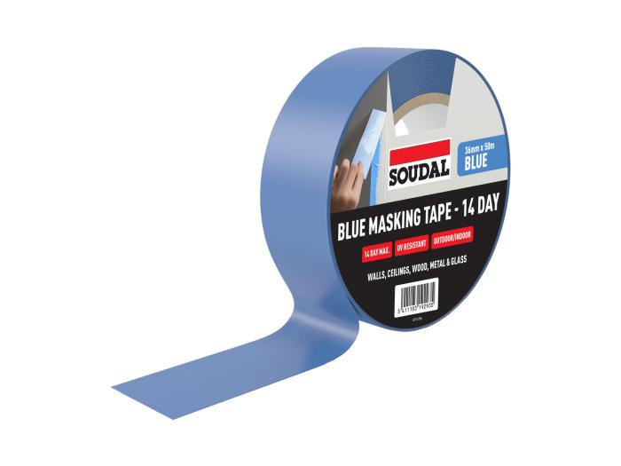 Soudal 14 Day Blue Masking Tape on a white background showing its UV resistant backing.