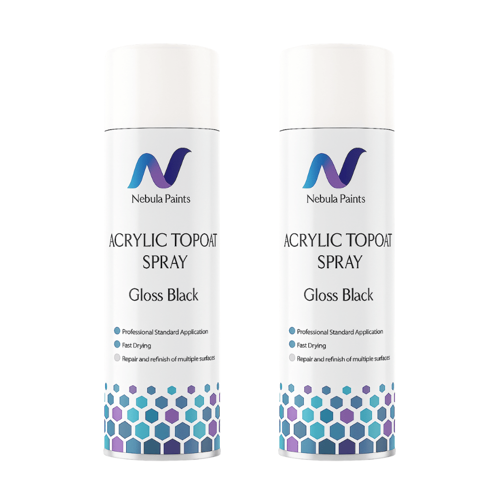 Nebula Paints Acrylic Topcoat Spray Paint (500 ml) in Gloss Black for professional finish and fast drying.