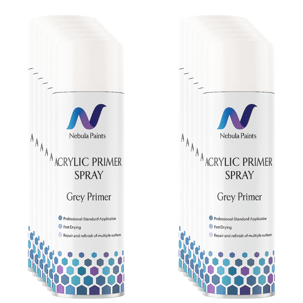 Nebula Paints Acrylic Primer Spray (500ml) grey primer cans for efficient vehicle refinishing and adhesion.