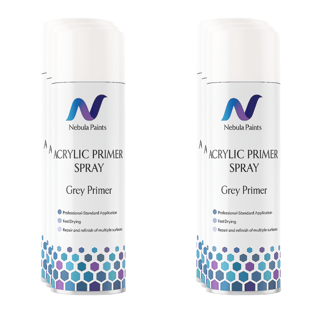Nebula Paints Acrylic Primer Spray (500ml) bottles showing grey primer for professional standard application.
