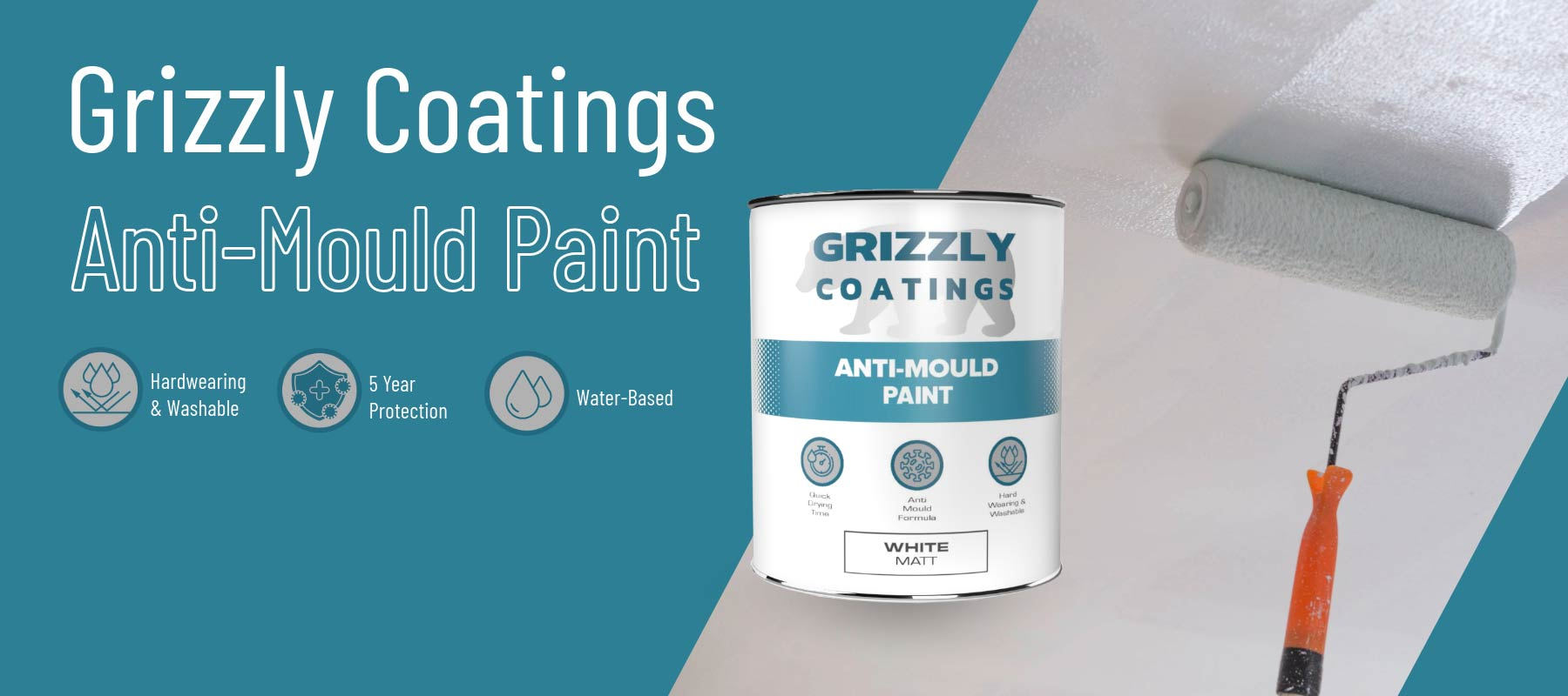 Tin of Grizzly Coatings Anti-Mould Paint on Blue background with roller applying paint