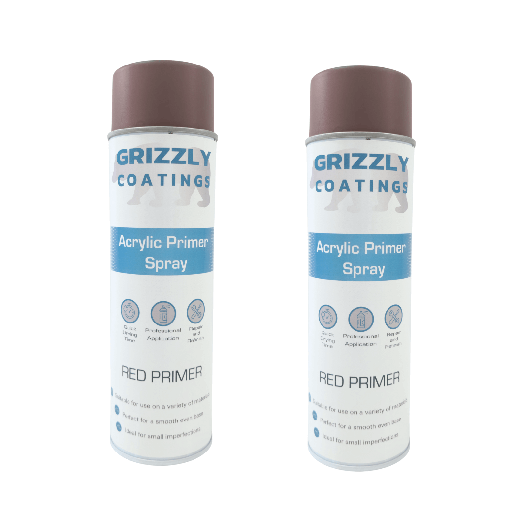 Grizzly Coatings Acrylic Primer (500ml) spray cans showcasing red primer for professional refinishing work.