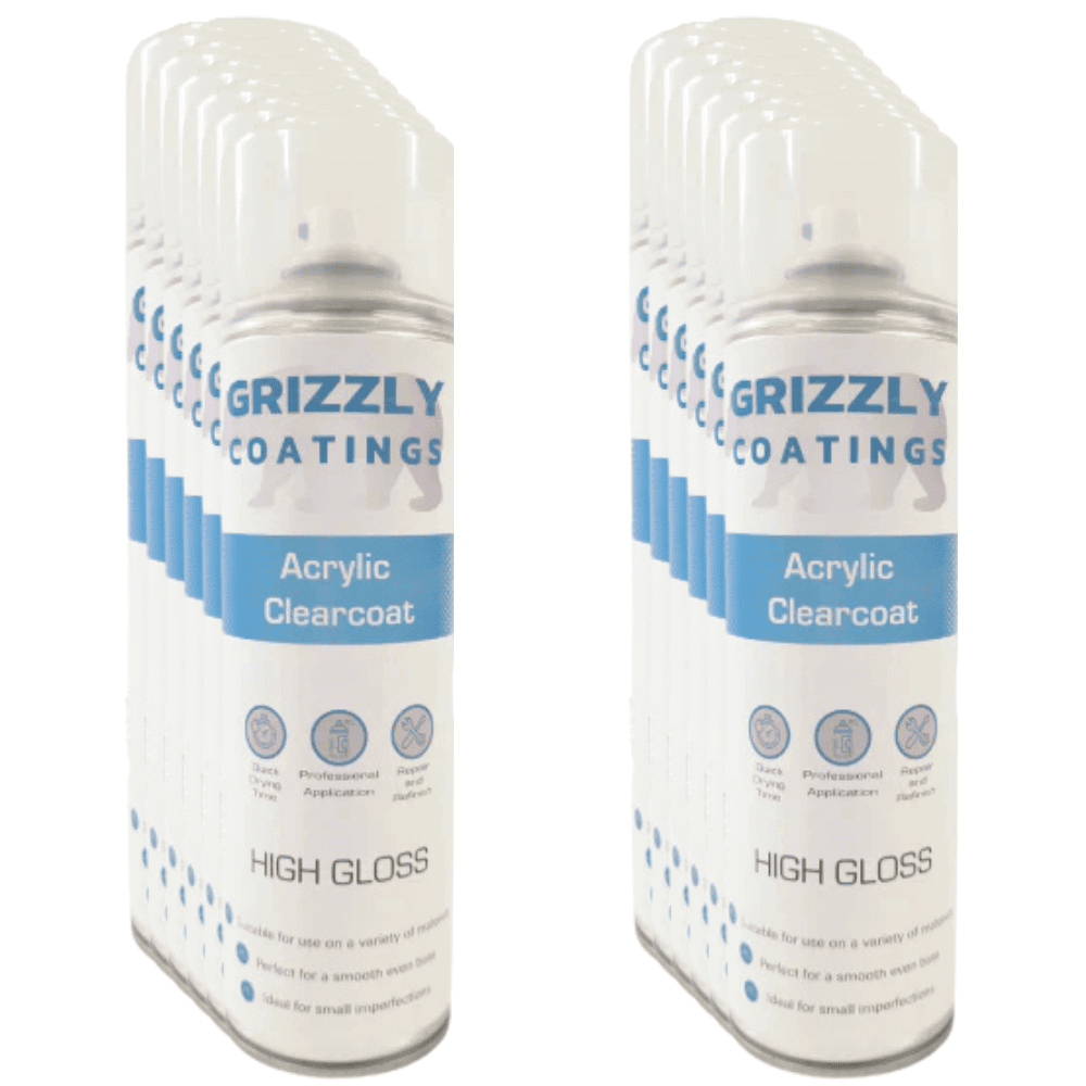 Grizzly Coatings Clear Acrylic Lacquer (500ml) displayed in aerosol cans offering high gloss finish.