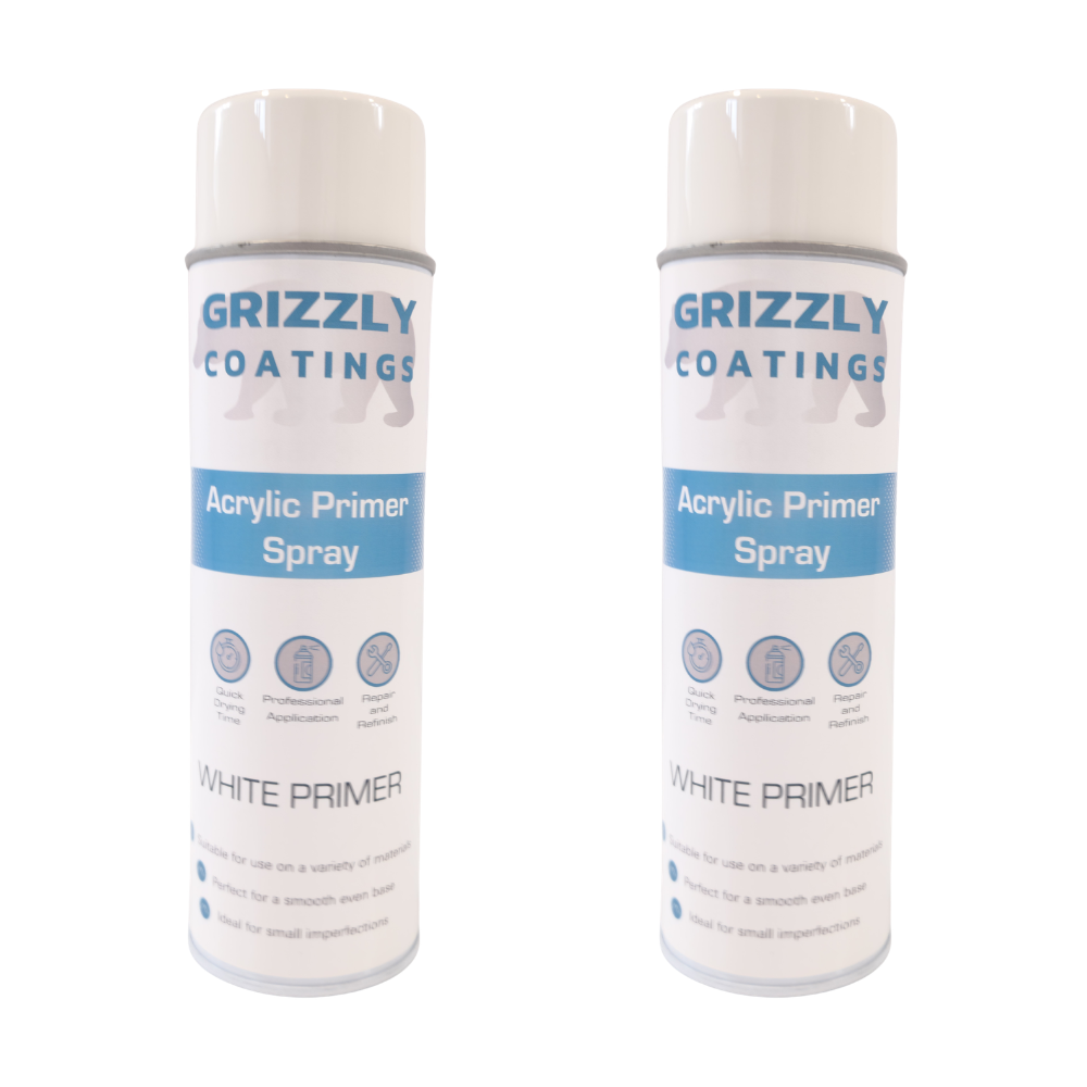 Grizzly Coatings Acrylic Primer (500ml) spray cans with white primer label, ideal for professional refinishing.