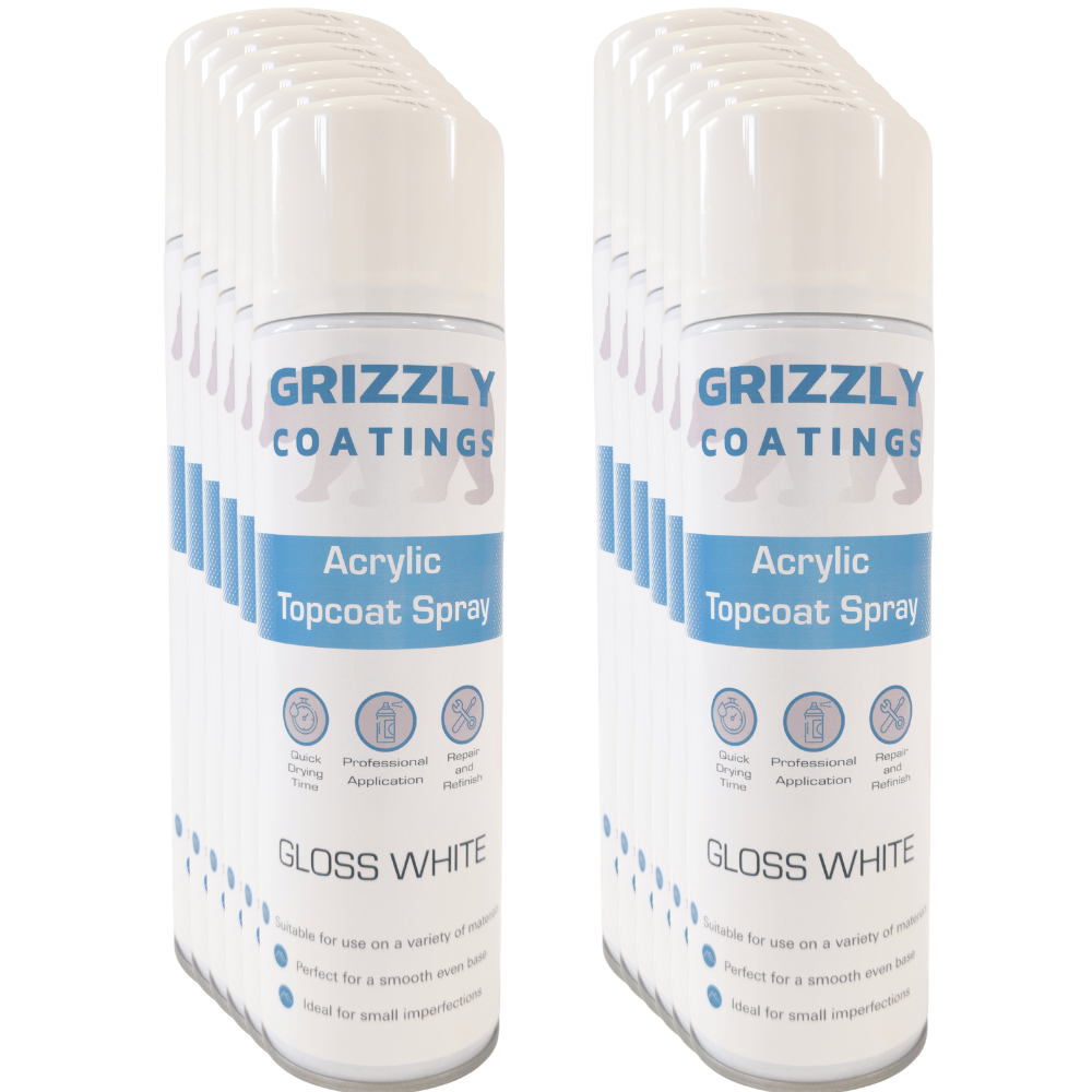 Grizzly Coatings Acrylic Topcoat Spray Paint (500ml) Gloss White cans for automotive and industrial refinishing.