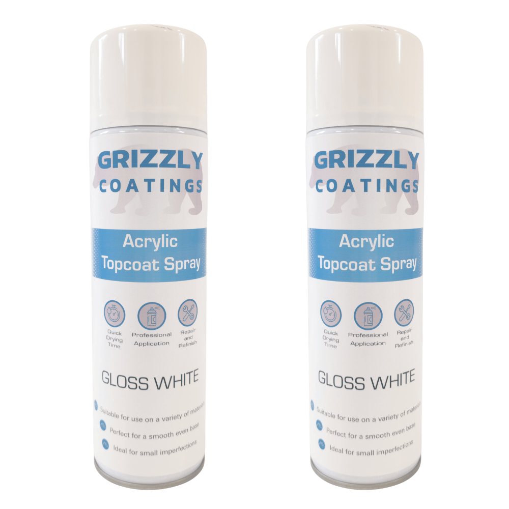 Grizzly Coatings Acrylic Topcoat Spray Paint (500ml) – Gloss White spray cans for automotive refinishing.