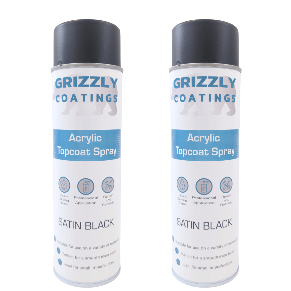 Grizzly Coatings Acrylic Topcoat Spray Paint (500ml) in Satin Black cans for automotive and industrial refinishing.
