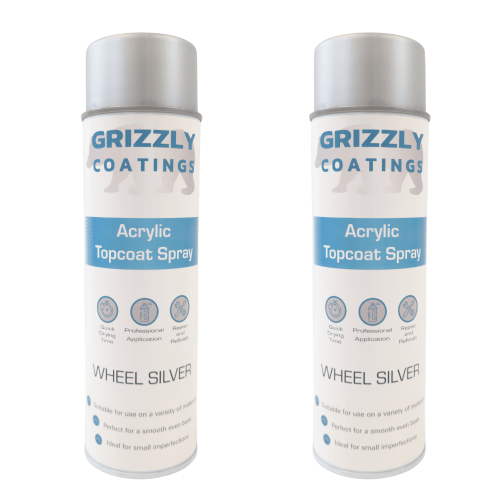 Grizzly Coatings Acrylic Topcoat Spray Paint (500ml) shown in two cans, perfect for automotive and industrial use.