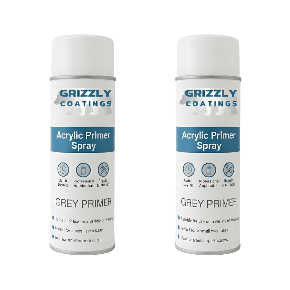 Grizzly Coatings Acrylic Primer (500ml) two spray cans for professional refinishing on various surfaces.