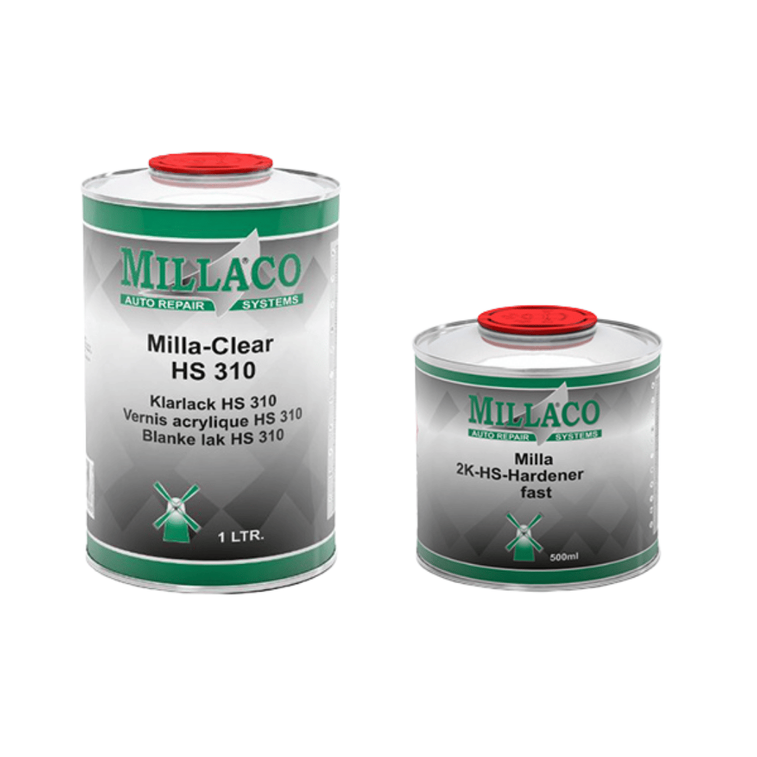 Two cans of Millaco Milla-Clear HS 310 and 2K-HS-Hardener on a white background