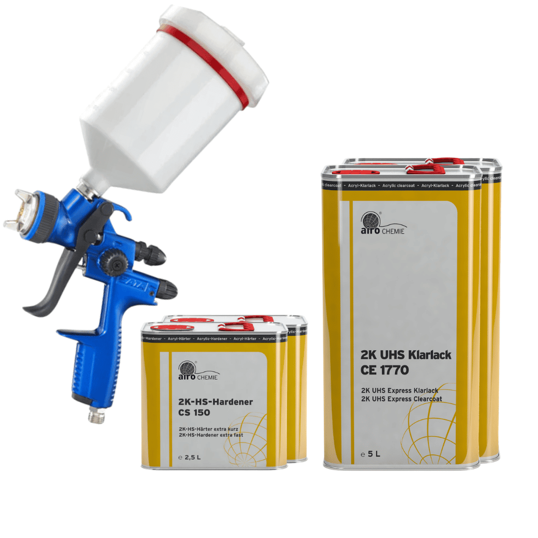 Airo-Chemie 2K UHS Express Clearcoat CE 1770 (5L) x 2 & 2K-HS-Hardener CS 150 Extra Fast (2.5L) x2 & SATAjet 1500 B Spray Gun (1.3mm RP Nozzle) and 600ml Cup
