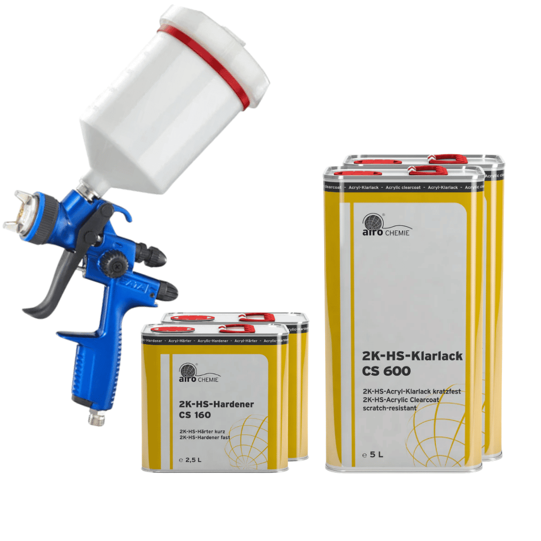 Airo-Chemie 2K HS Acrylic Clearcoat Scratch Resistant CS 600 (5L) x2 & Airo-Chemie 2K-HS-Hardener CS 160 Fast (2.5L) x2 &  SATAjet 1500 B Spray Gun (1.3mm RP Nozzle) and 600ml Cup