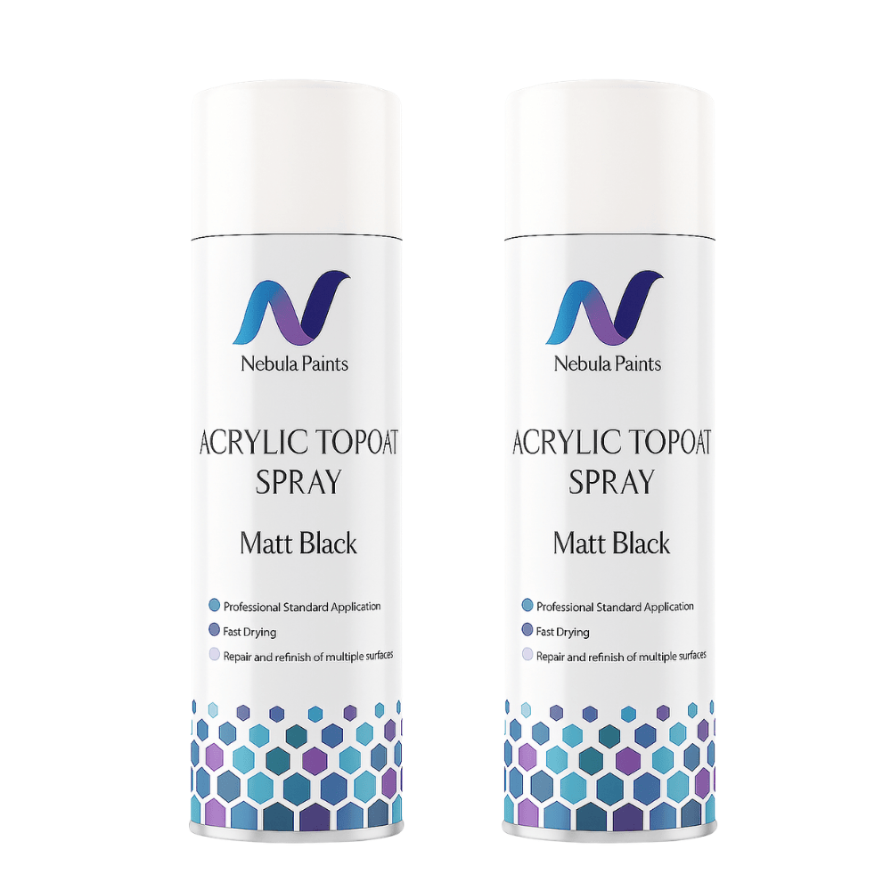 Nebula Paints Acrylic Topcoat Spray Paint (500 ml) in Matt Black, fast-drying for professional repairs and refinishing.