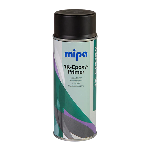 Mipa 1K Epoxy Primer spray can on a white background