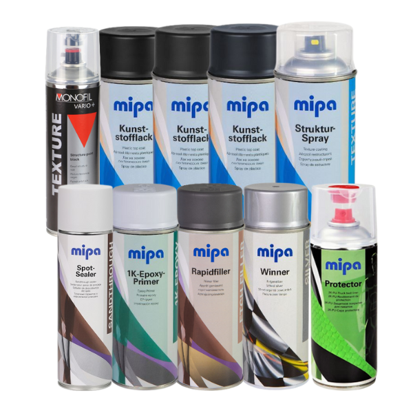 Collection of mipa spray paint cans on a white background