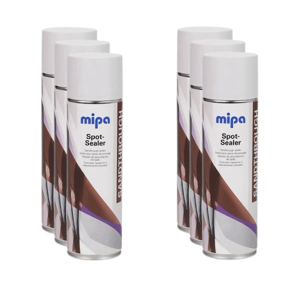 Mipa Spot-Sealer Spray cans arranged in a row, ideal for sealing sanded-through areas during spot repairs.