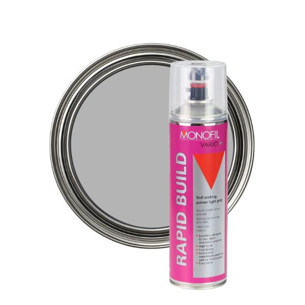 Can of Monoil Rapid Build spray paint next to a paint tray on a white background
