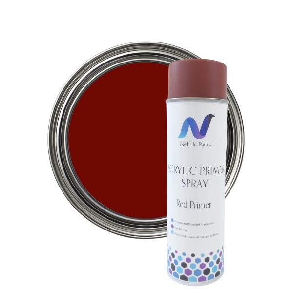 Nebula Paints acrylic primer spray can with red primer inside a metallic container on a white background