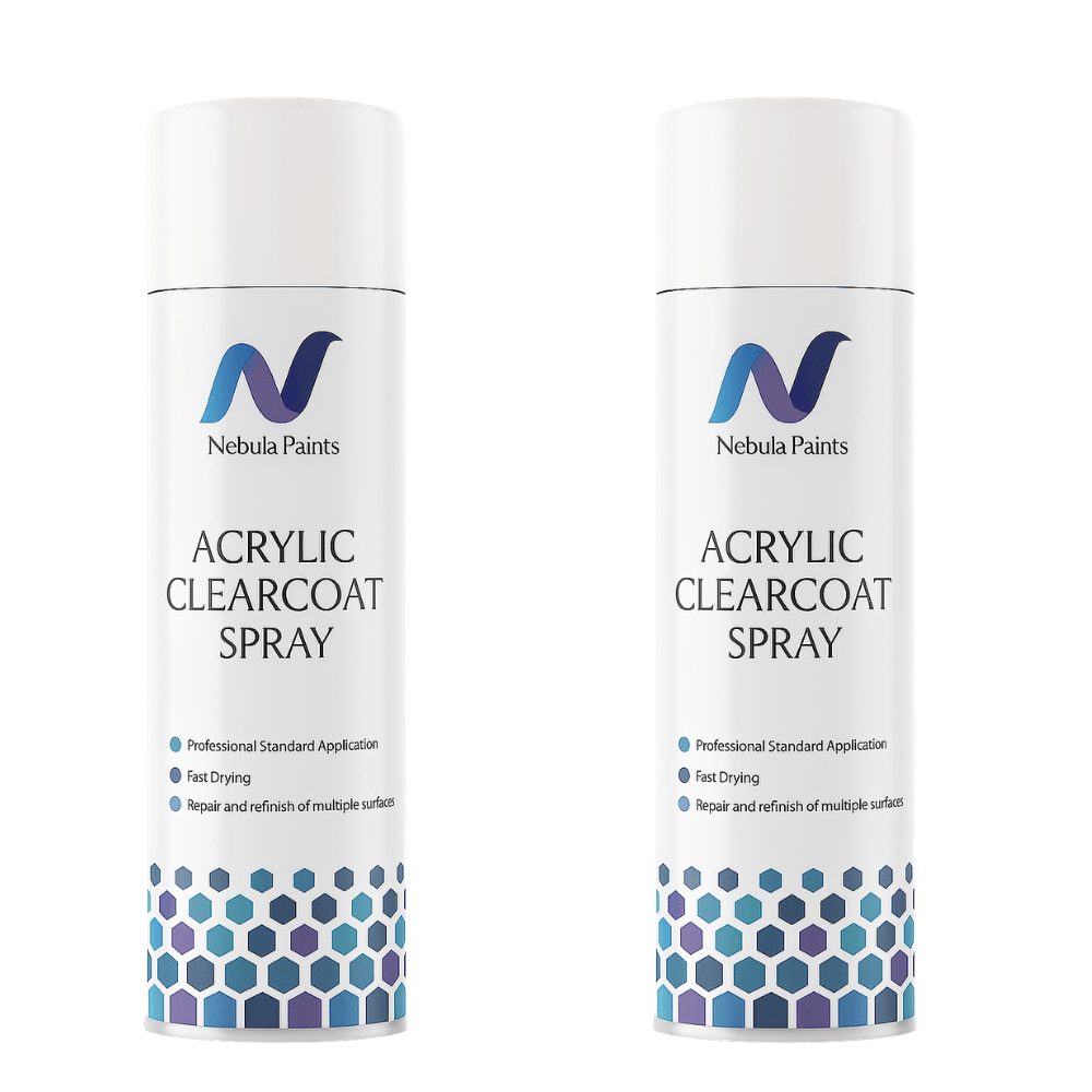 Nebula Paints Clear Acrylic Lacquer 500ml spray cans showcasing high-gloss clearcoat for protection and enhancement.