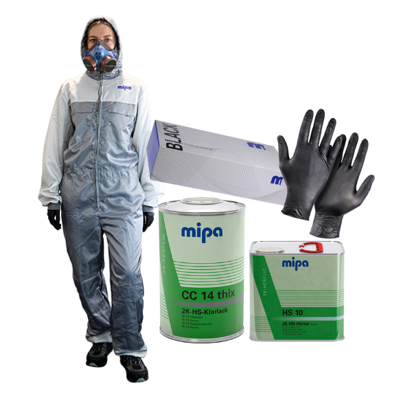 Person in protective gear with mipa paint products on a white background