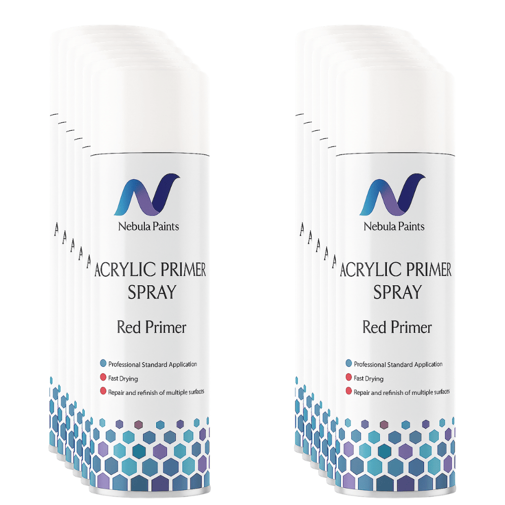 Nebula Paints Acrylic Primer Spray (500ml) in red, fast-drying and suitable for various surfaces.