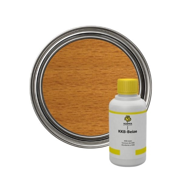 Wooden surface with a paint can and a bottle labeled KKB-Beize on a white background