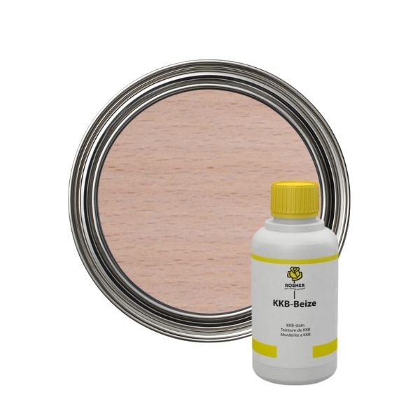 Wooden surface with a can of KKB-Stain primer on a white background