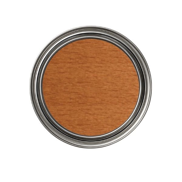 Close-up of a brown paint sample in a metal container on a white background