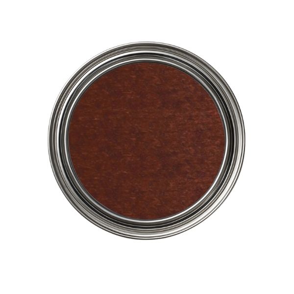 Brown paint swatch in a metal container on a white background