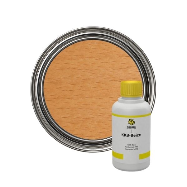 Wooden surface with a can of KKB-Stain primer on a white background