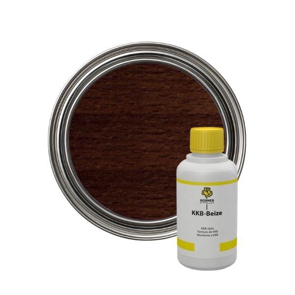 Bottle of KKB Stain wood preservative with a sample pot of brown color on a white background