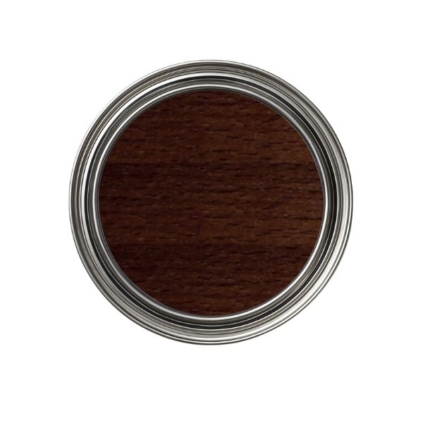 Close-up of a jar of dark brown paint with a silver lid on a white background