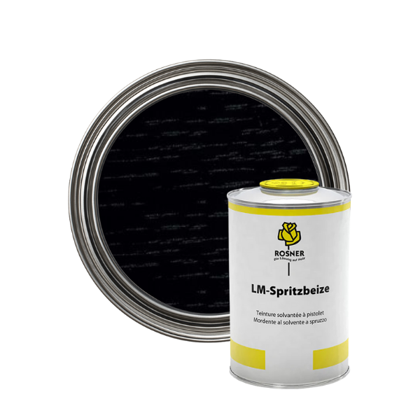 Rosner LM-Spray Stain black paint can with open lid on a white background