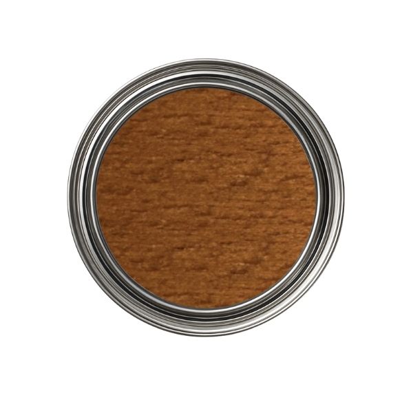 Close-up of a brown paint sample in a metal container on a white background
