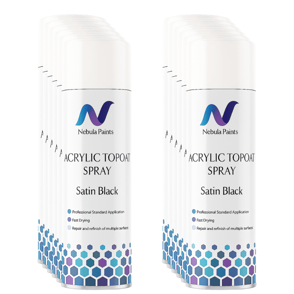 Nebula Paints Acrylic Topcoat Spray Paint (500 ml) in Satin Black packaging shown in a row.
