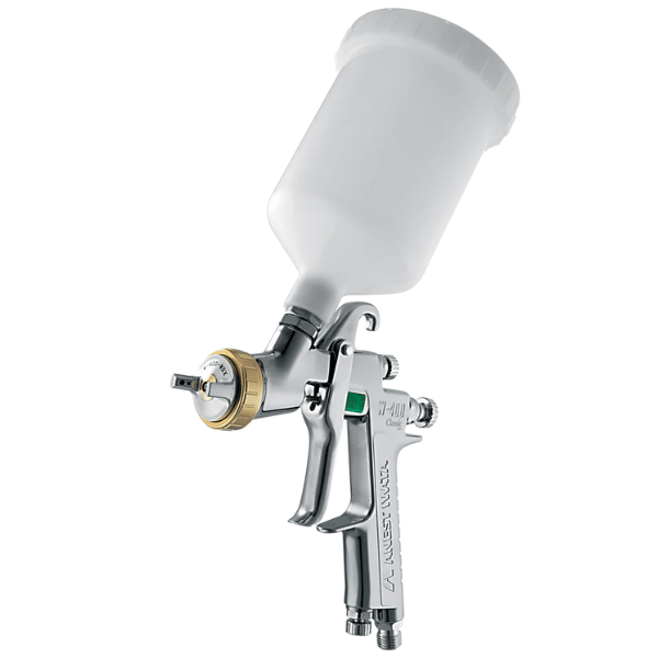 Spray gun with white container on a white background