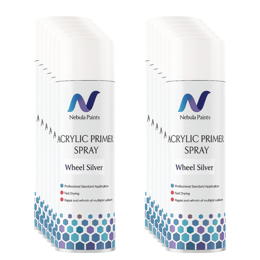 Nebula Paints Acrylic Topcoat Spray Paint (500 ml) cans displayed for car refinishing and repairs.