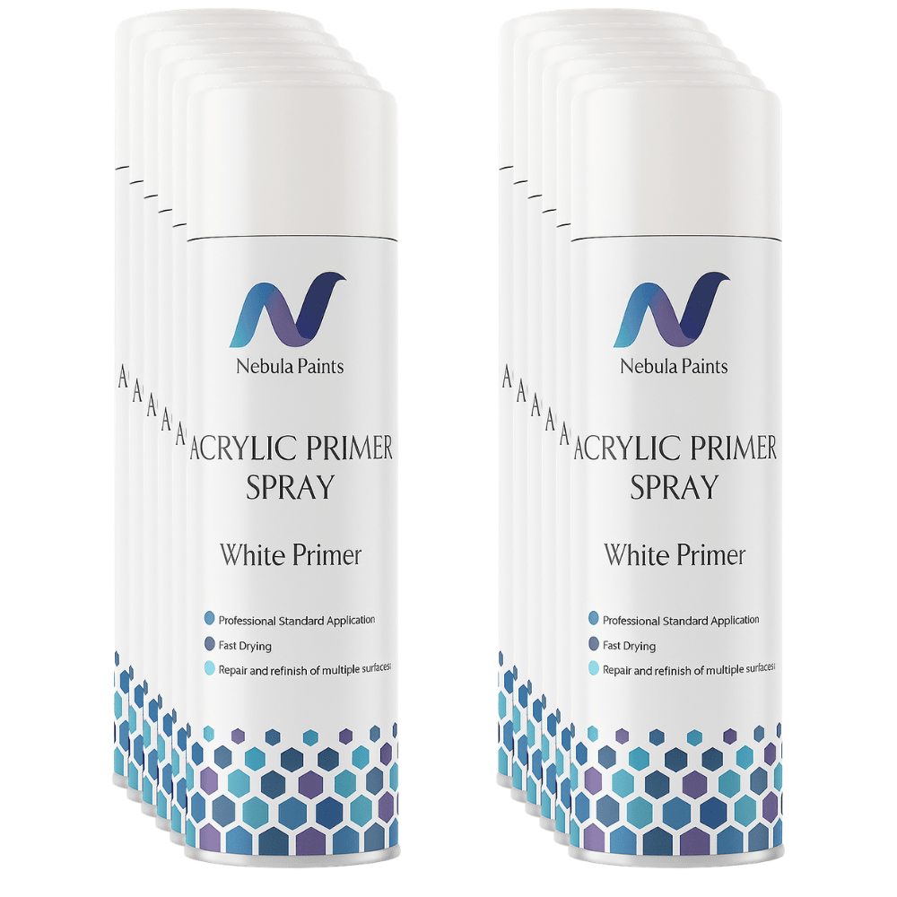 Nebula Paints Acrylic Primer Spray (500ml) - Professional standard white primer for fast drying and multiple surface refinishing.