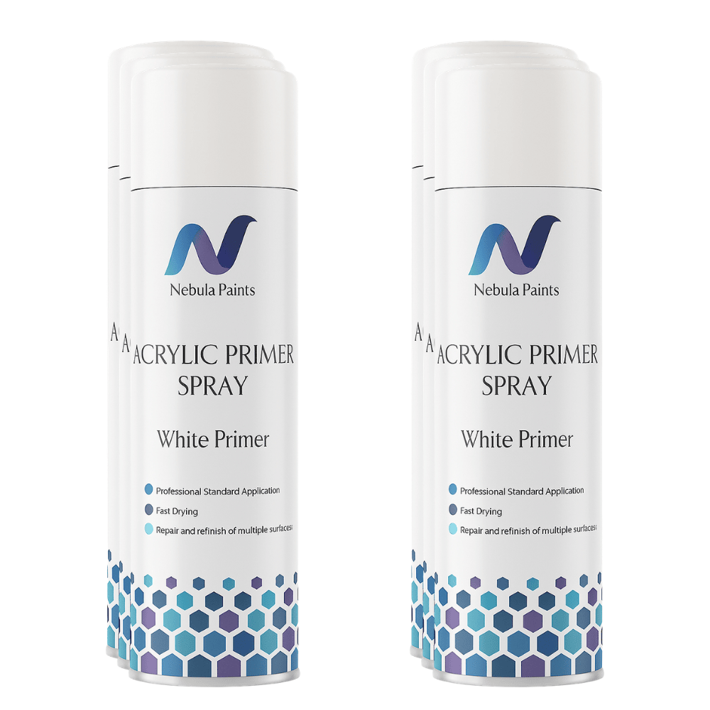 Nebula Paints Acrylic Primer Spray (500ml) bottles showcasing fast-drying white primer for multiple surfaces.